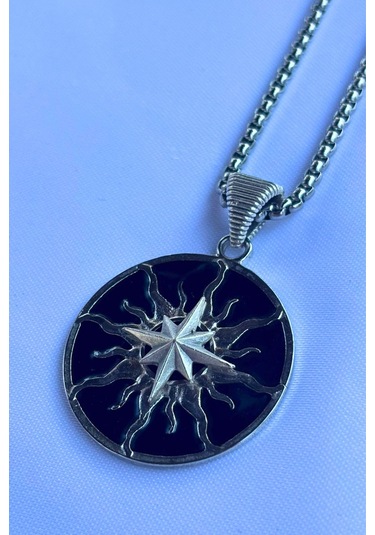 Pusula Güneş Tanrısı El İşçiliği Paslanmaz Çelik Zincir Erkek Kolye Gümüş