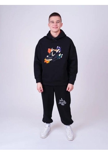 Erkek Çocuk Spor Ayakkabı Baskılı Kapüşonlu Sweatshirt-13543 Siyah