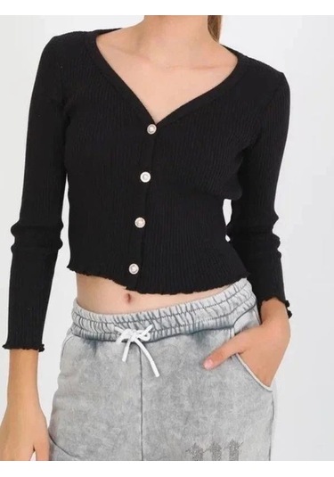 Kız Çocuk Kaşkorse Taşlı Düğmeli Hırka-14807 Siyah