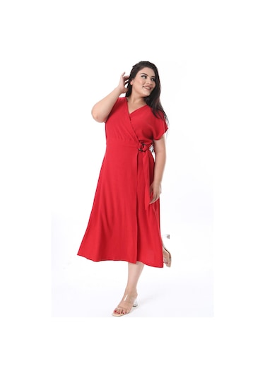 Kadın Büyük Beden Kırmızı Bürümcük Kumaş Beli Tokalı Anvelop Elbise 65n38314-kırmızı Kırmızı