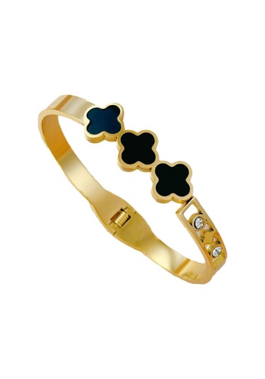 Altın Siyah Kabuk Üç Yonca Çim Kakma Pırlanta Titanyum Çelik İçi Boş Bileklik Altın