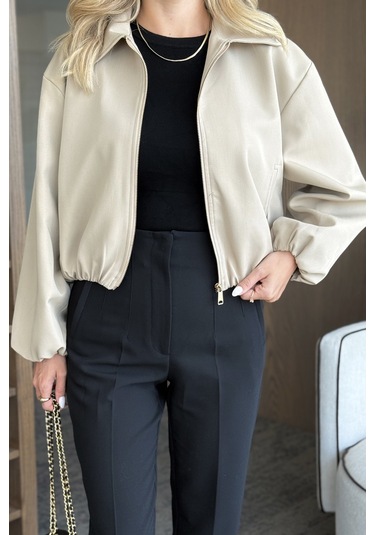 Camel Crop Bomber Ceket Camel