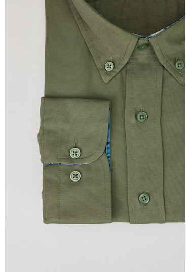 Tudors Büyük Beden Düğmeli Yaka Poplin Pamuklu Kolay Ütü Oxford Haki Erkek Gömlek-30225-haki Haki