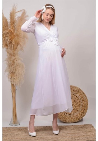 Kadın Beyaz Baby Shower Şifon Hamile Elbise Dphml003 BEYAZ