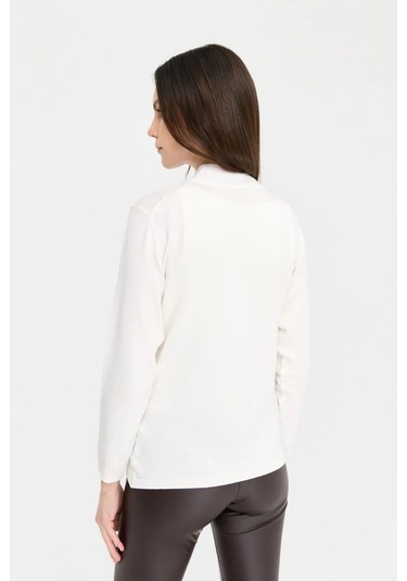 Desen Triko Kadın Likralı Uzun Kol Basic Yarım Balıkçı Bluz 0240016 Ekru Ekru