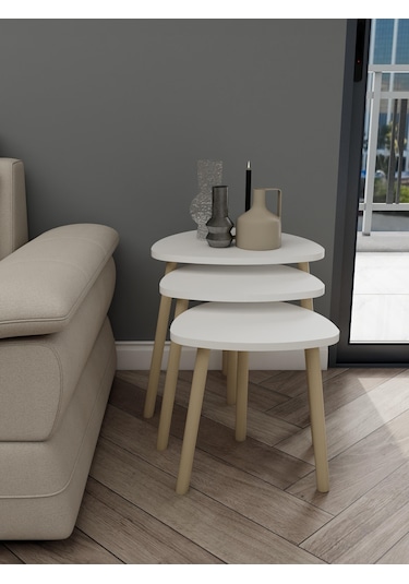 Üçlü Zigon İç İçe Geçmeli Sehpa Beyaz Renk