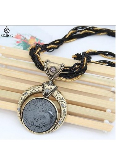 El Dokuması Bohem Pirinç Boncuklu Retro Etnik Tarzda Yuvarlak Değerli Taş Kolye Siyah