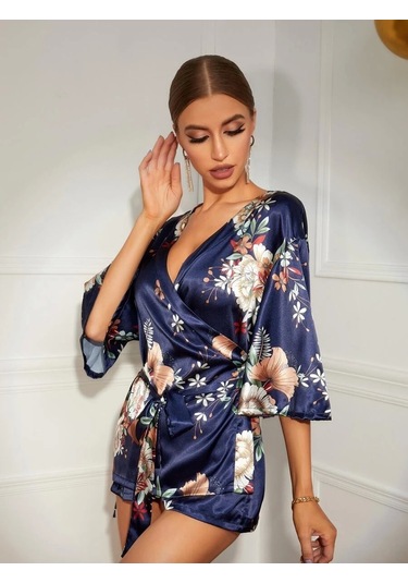 Çiçek Desenli Sabahlık 8330 Mavi