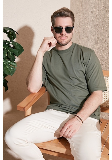 Buratti Pamuklu Oversize Bisiklet Yaka Basic Erkek T Shirt 5902365 Haki