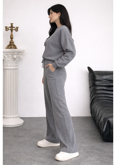 Balenbi Oversize Bisiklet Yaka Basic Modal Kadın Takım 1206 - Form Serisi Gri