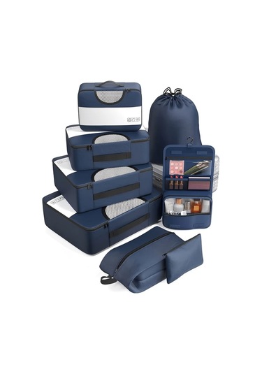 Fochsia 8 Parça Set Oxford Sıkıştırma Çantaları Seyahat Bagaj Aksesuarları Navy Blue Ahşap