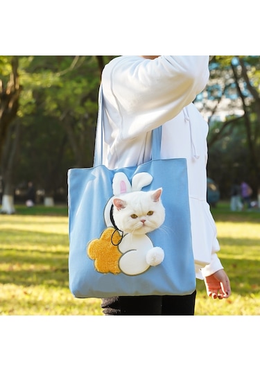 Pet Out Çanta Crossbody Tote Kedi Çantası Küçük Köpek Genişletilebilir Omuz Çantası, Boyut: M Mavi Arka Plan Beyaz Tavşan