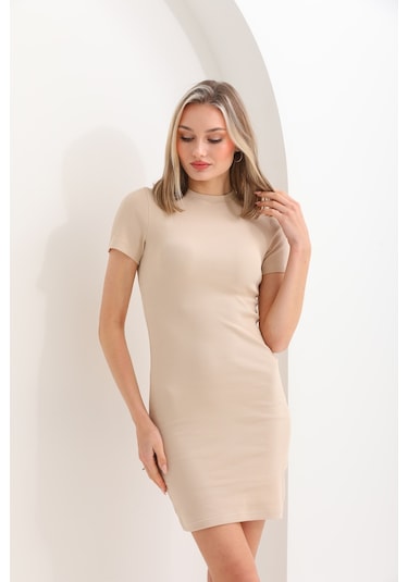 Kallima Bej Kısa Kollu Mini Fitilli Esnek Kalem Elbise