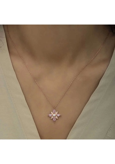 Gümüş Rose Pembe Taşlı Umut Çiçeği Kolye Çok Renkli