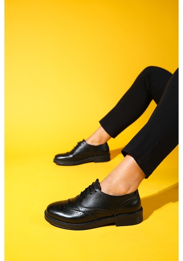 Avra Siyah Cilt Hakiki Deri Kadın Oxford Ayakkabı Siyah