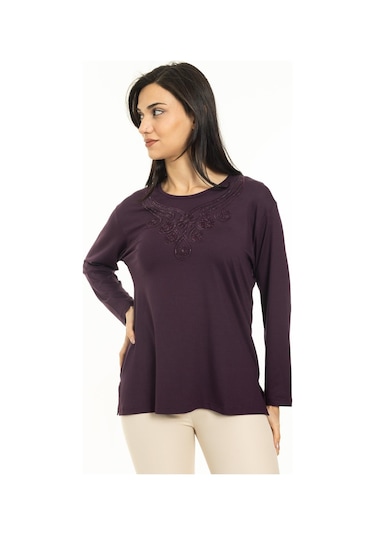 Kadın Orta Yaş Ve Üzeri Yeni Model Yuvarlak Yaka Likralı Anne Penye Bluz 30550-mürdüm