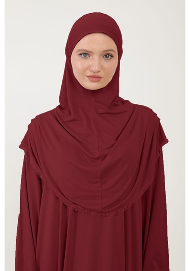 Kadın Tesettür Pamuklu Başörtülü Namaz Elbisesi Dantelli Tek Parça Penye Kumaş Bordo