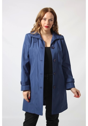 1671 Kolu Düğme Detaylı Uzun Kapişonlu Saks Büyük Beden Kadın Ceket Saks