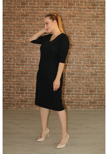 Nidya Moda Büyük Beden Kadın Siyah Simli Abiye Elbise-4009RS Siyah