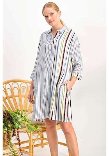 Colour Lines Düğmeli Boyfriend Kadın Gömlek Gecelik- Krem Krem