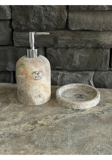Yeni Silver Traverten Doğal Taş Tepsili Sıvı Sabunluk Seti Beyaz