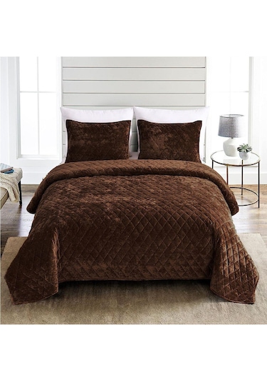Evlen Home Kapitone Kadife Yatak Örtüsü Seti Tek Kişilik Supersoft 2 Parça Yumuşak Elyaf Dolgulu Koyu Kahve Koyu Kahverengi