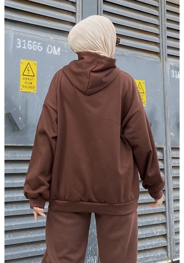 Kapüşonlu Salaş Sweatshirt Acı Kahve