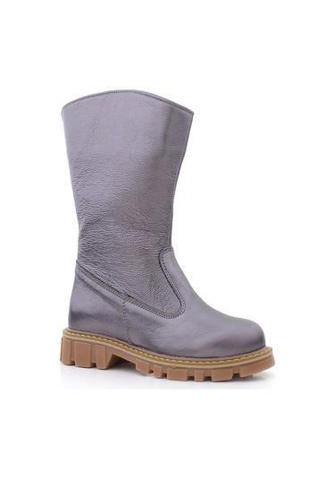 Rakerplus Hakiki Deri Platin Fermuarlı Uzun Kız Çocuk Çizme Platin