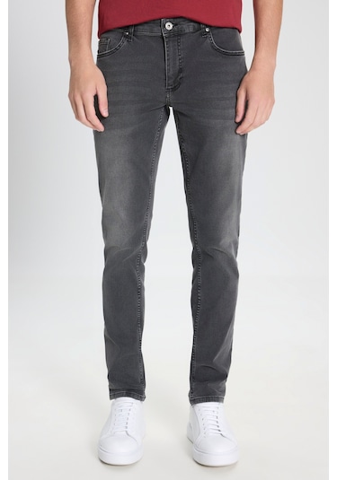 Erkek Antrasıt Pamuklu Esnek Slim Fit Dar Kesim 5 Cep Jean Kot Denim Pantolon Antrasit