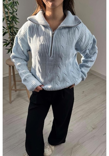 Explode - Kadın Mavi Fermuarlı Yaka Oversize Örgülü Triko Kazak Mavi