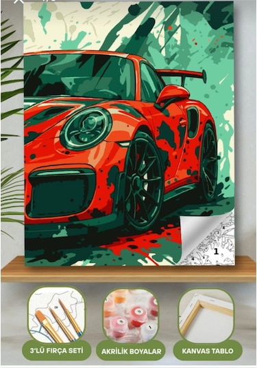 Denic Sayılarla Boyama Seti 40x50 Cm (Çıtalı) Fırça Boya Dahil Numaralı Tuval Kırmızı Araba