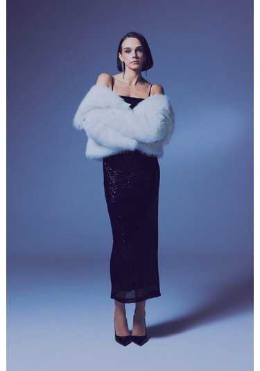 Askılı Uzun Payet Elbise - Siyah-135641 Siyah