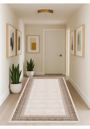Krem Dijital Baskı Salon Halısı Kaymaz Tabanlı Yıkanabilir Halı Yolluk 527 Krem