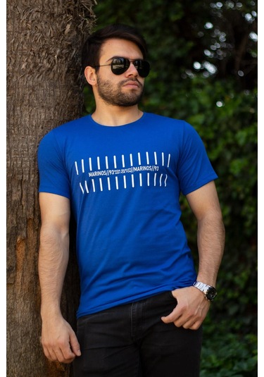 Erkek Mavi Çizgi Baskılı Normal Kesim Bisiklet Yaka Erkek Tişört 22etshmros 001