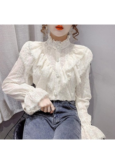 Moda Fırfır Vintage Bluz Kadınlar Zarif Uzun Kollu Dantel Gömlek Gevşek Şifon Gömlek Standı Yaka Pilili Blusas Tops 15832 Kayısı Açık Bej