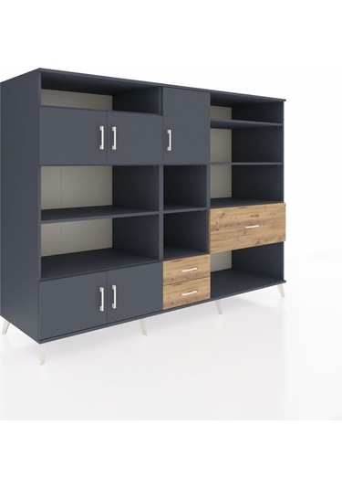 Kronos Dolap 13 Raflı 3 Çekmeceli 5 Kapaklı 220x59x163 Antrasit-a Antrasit-antrasit/çam