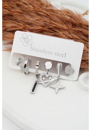 Kadın Kararmaz 6'Lı Kuzey Yıldızı ve Kalp Detaylı Çelik Set Küpe Gümüş-M