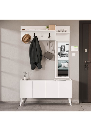 5065 Theo 4 Kapaklı 6 Raflı 4 Askılı Sağ Aynalı Portmanto Beyaz