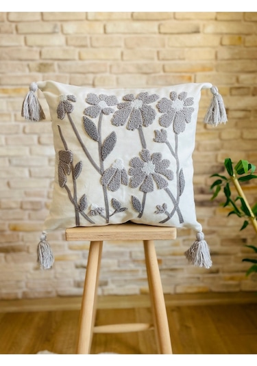 Swita Home Punch İşlemeli Tekli Dekoratif Papatya Desen Kırlent Kılıfı Panç Beyaz - Gri