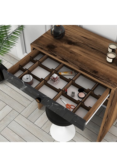 Lizbon Mini Makyaj Masası Aynalı - Ceviz / Siyah Mermer