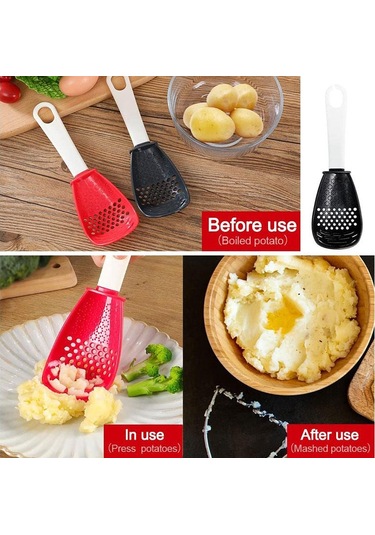 Kırmızı Çok Fonksiyonlu Yemek Kaşığı Mutfak Süzgeci Kepçe Kesmek İçin Sarımsak Asılı Delik Yenilikçi Patates Sarımsak Presi Mutfak Aksesuarı