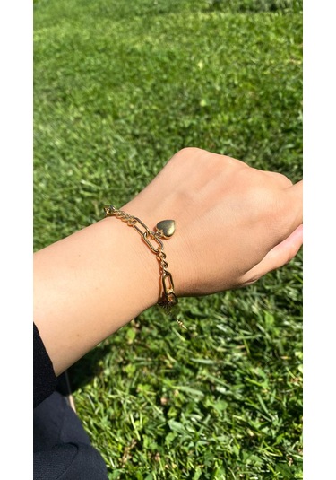 Altın / Gold Renk Kalp-kilit Figürlü 316l Çelik Bileklik Altın