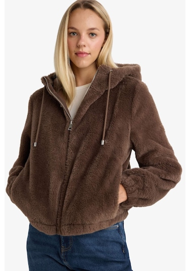Defacto Regular Fit Polar Astarlı Kapüşonlu Fermuarlı Suni Kürk F2148ax25wnbn500 Kahve