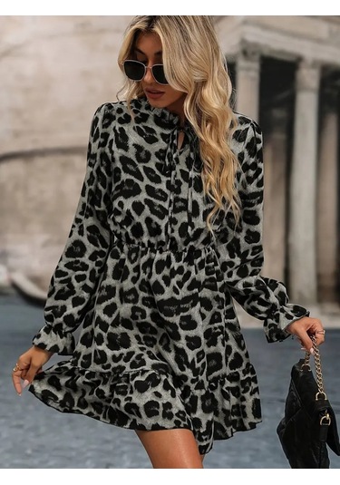 Nnstartshopping Kadın Uzun Kollu Yakadan Bağlamalı Beli Lastikli Şardonlu Dalgıç Elbise Gri