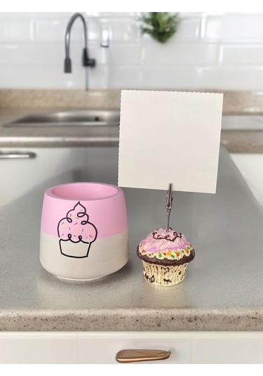 Cupcake Tutuculu Cupcake Çizimli Saksı Ofis Seti Pembe