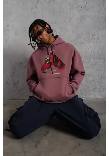 Erkek Eldiven Baskılı Kapüşonlu Sweat - Gül Kurusu renkli