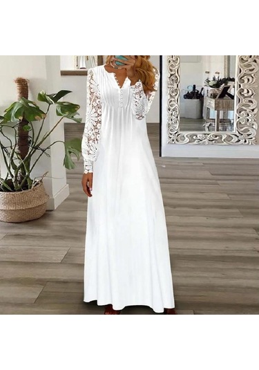Zarif Kanca Çiçek Hollow Dantel Elbise Kadın İlkbahar Yaz Moda Dantel-up Uzun Elbise Kadın Rahat Uzun Kollu Beyaz Elbiseler 24816 Beyaz