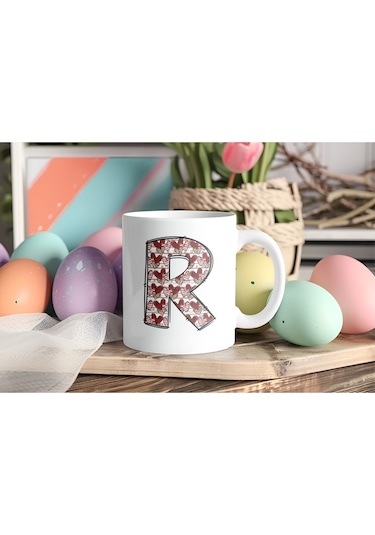 R Harfi Aşk Temalı Kupa - Kalp Desenli Kişiye Özel Romantik Sevgililer Günü Kahve Kupası Beyaz