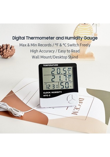 Pazly Dijital İç/dış Termometre Ve Higrometre, Büyük Ekranlı Saatli Nem Ölçer, Duvar Ve Masa Montajlı