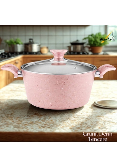 28 Cm Granit Derin Tencere Cam Kapak - Pembe Pembe